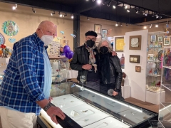 <p>Our John showing off Lesley McKeown’s incredible jewelry to delightful customers!</p>