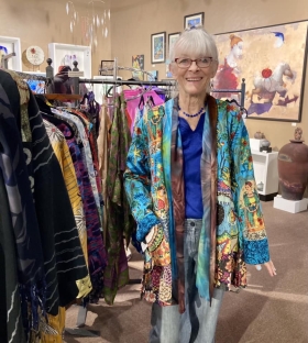 <p>Lana St. Michel, our fiber artist, modeling one of her fabulous jackets!
</p>